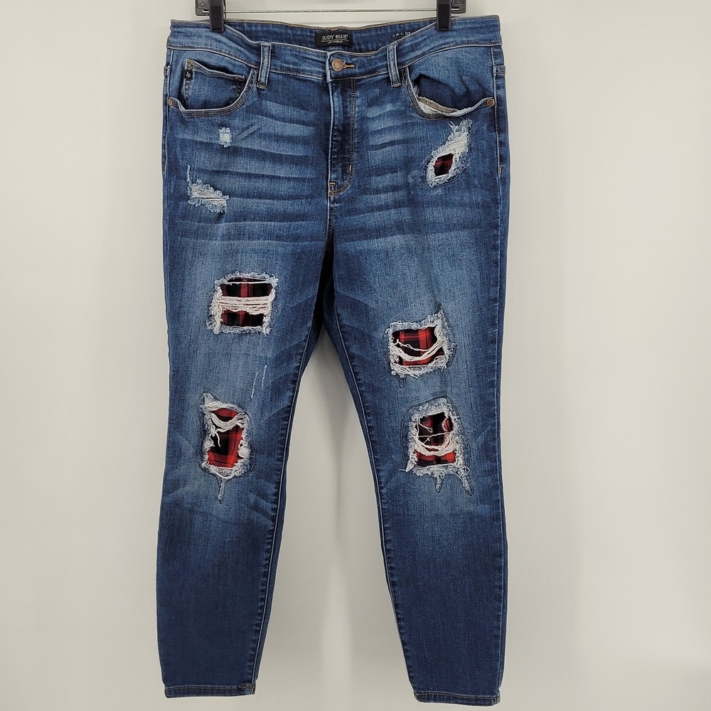 JUDY BLUE Jeans 1XL Distressed Ripped Plaid Patched Blue Denim Skinny‎ Fit